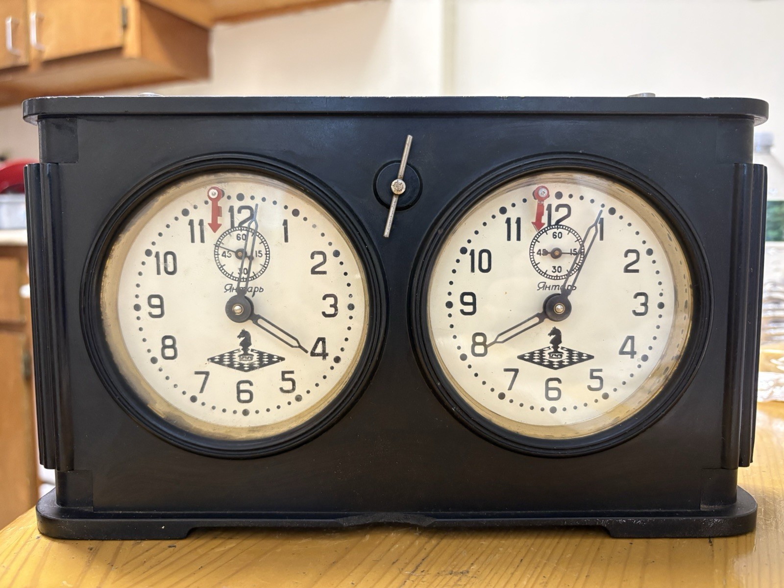 USSR Rare Vintage Dual Desktop Black Mechanical Working Alarm Clock, Tourn Chess