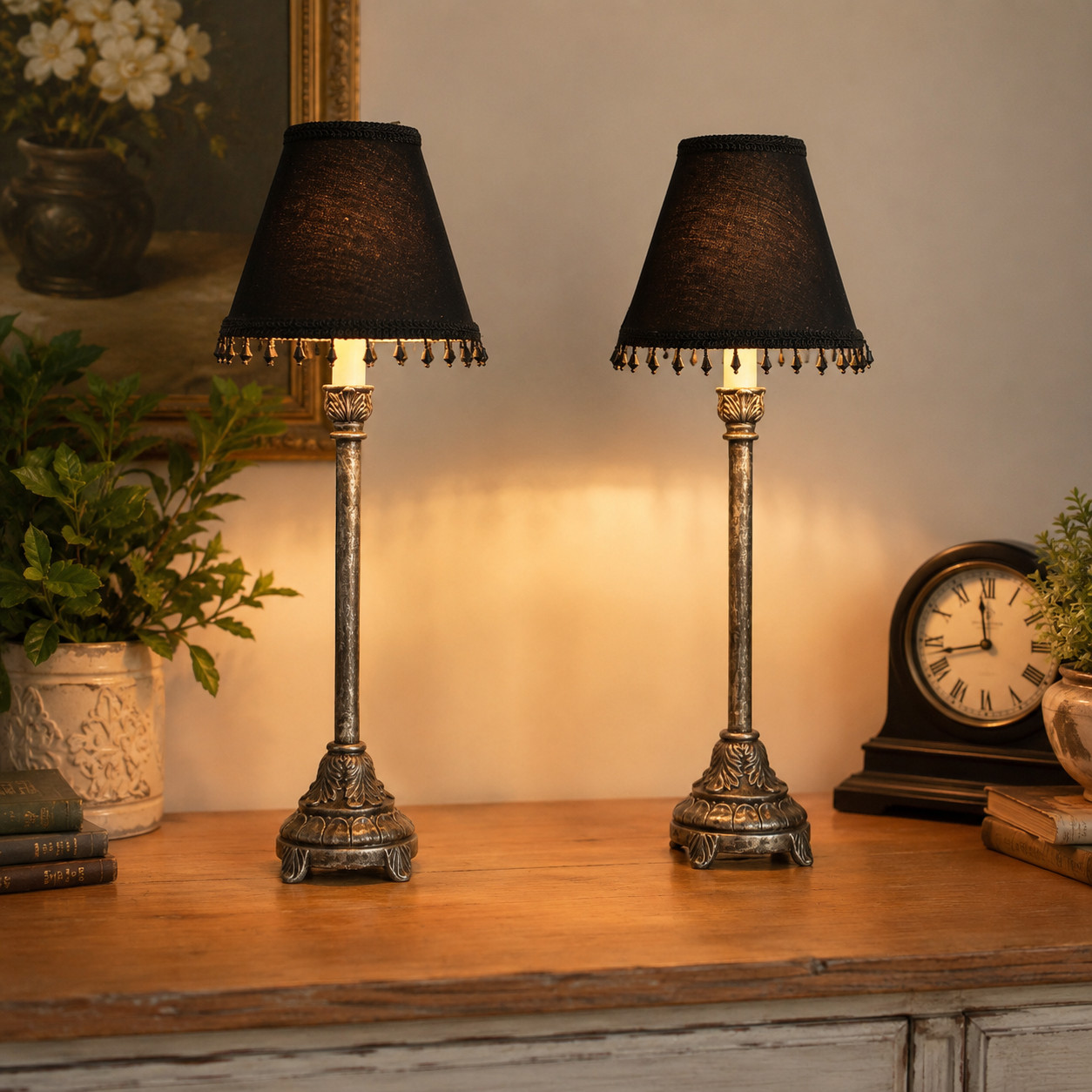 Pair of Ornate Silver Acanthus Leaf Table Lamps Black Beaded Fringe Shade