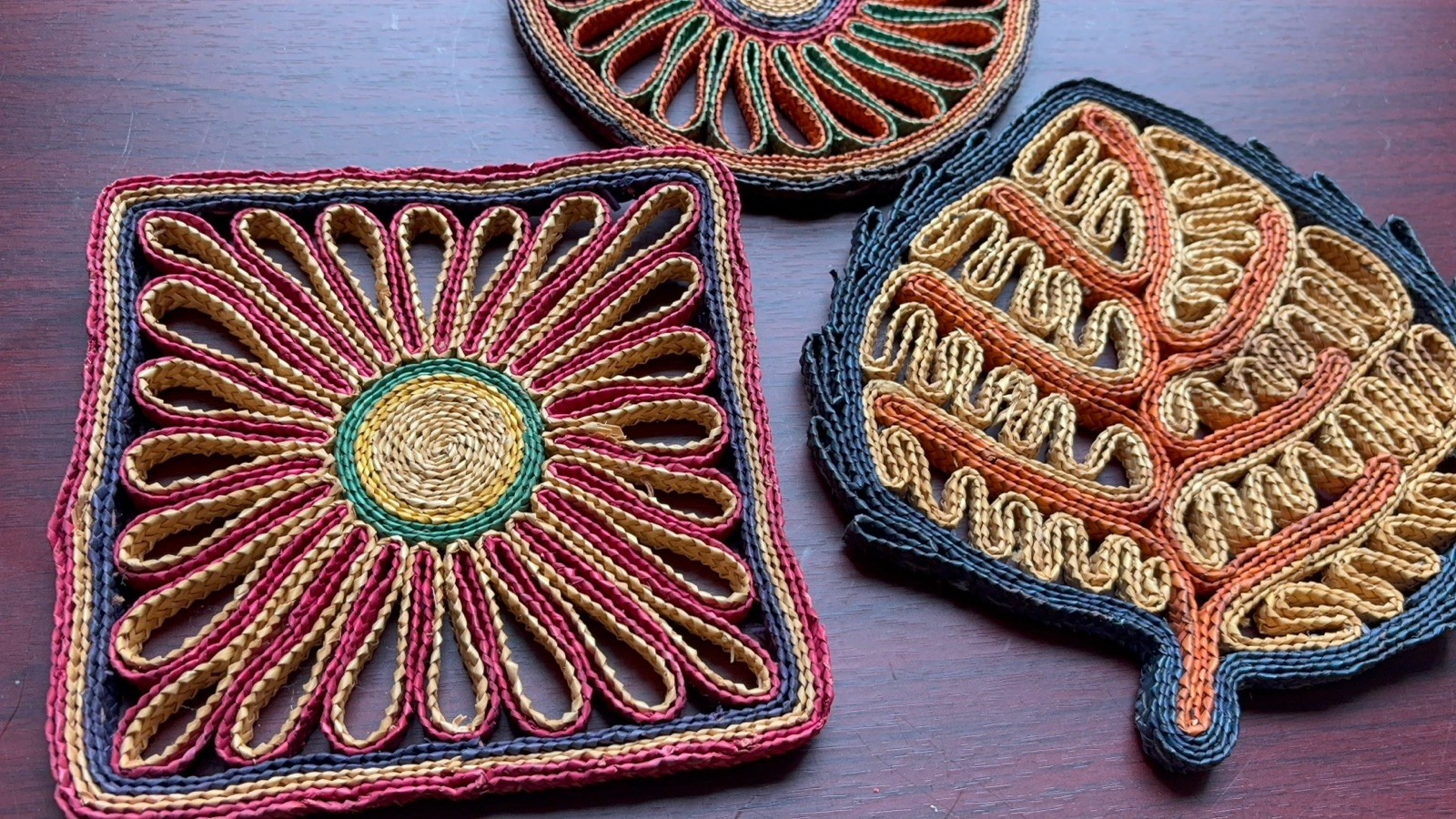 Vintage Raffia Rattan Wicker Trivets Hot Pad Boho Multi Colour Wall Art Lot of 3