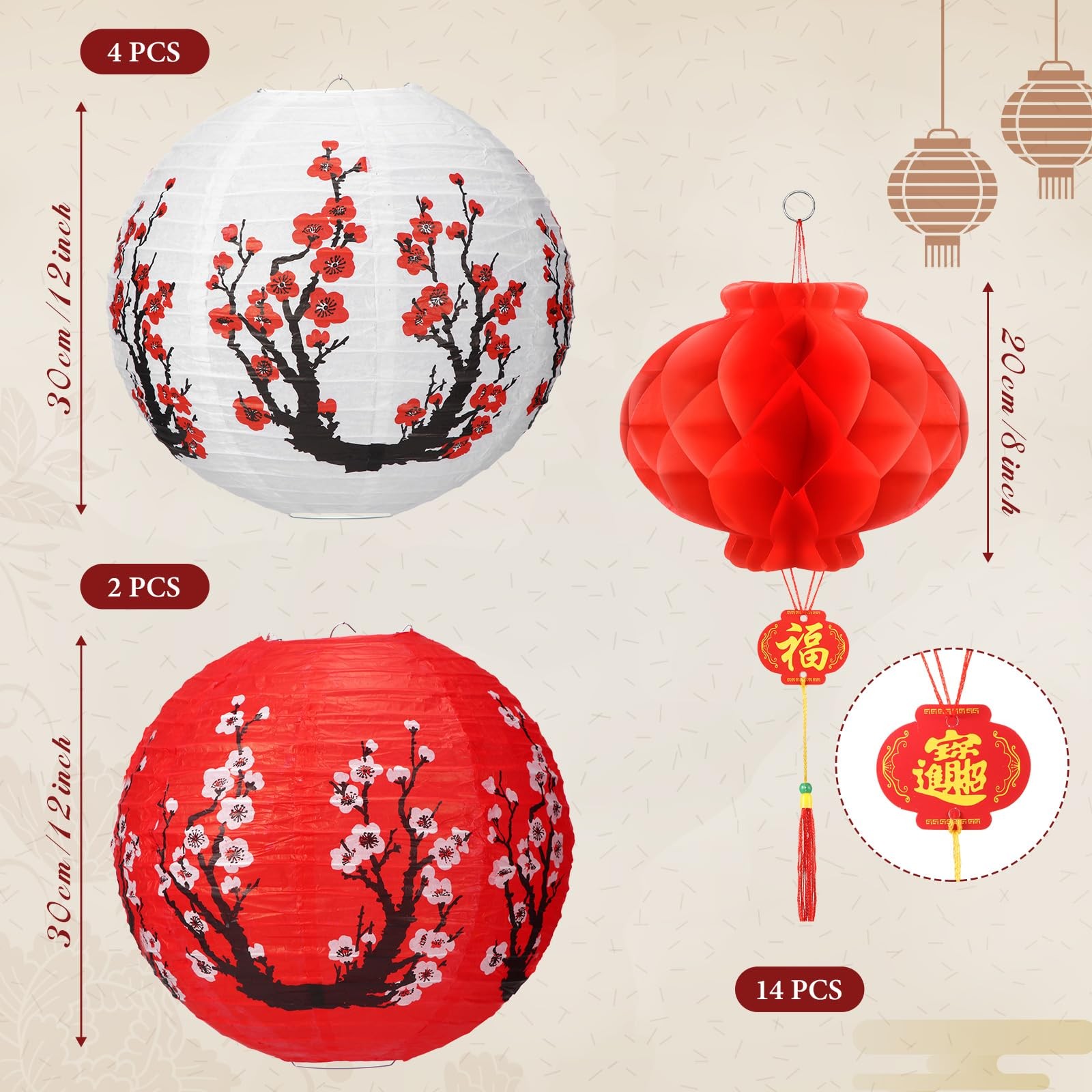 Fumete 20 Pcs 12″ Chinese Japanese Paper Lanterns and 8″ Red Red, White