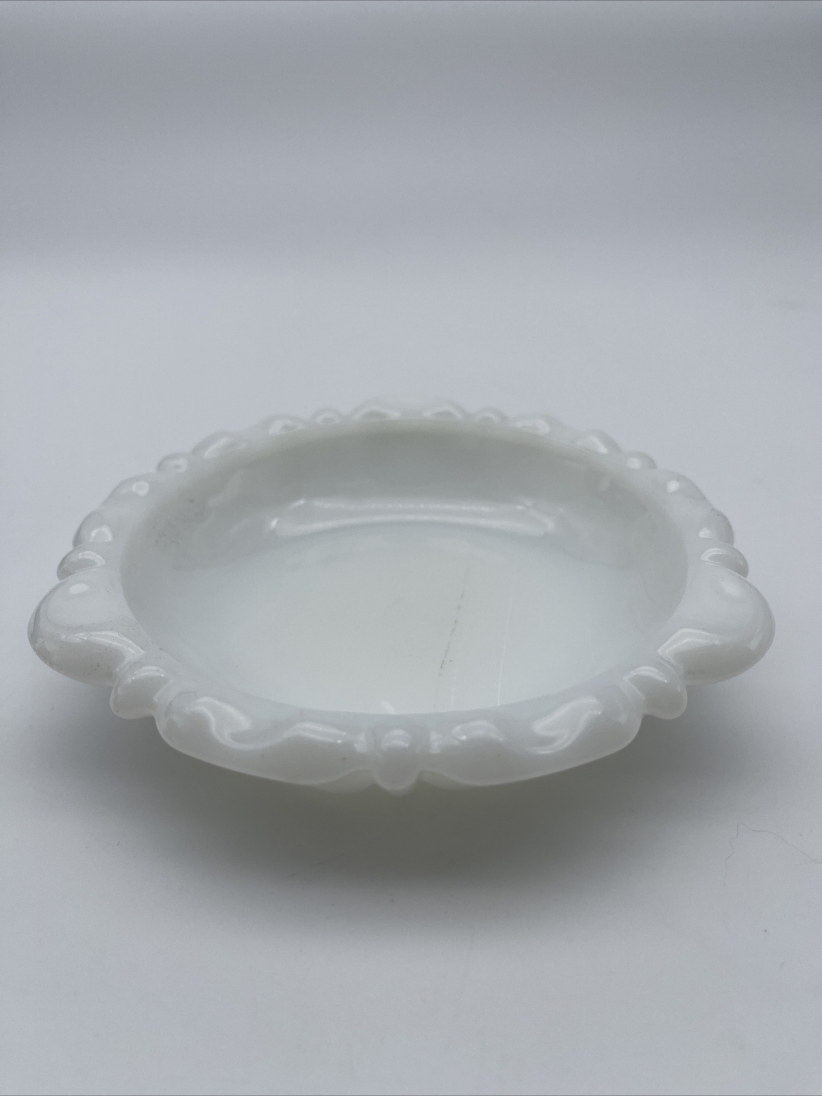 Vintage Anchor Hocking White Milk Glass 5.5″ Scalloped Thumbprint Ashtray USA