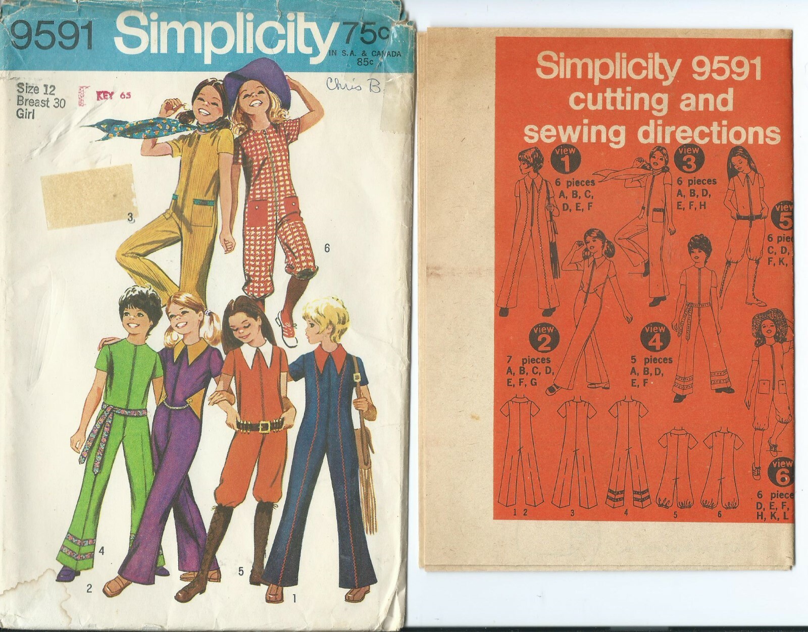 S 9591 sewing pattern 70’s stylish JUMPSUIT in 2 lengths sew cute girl’s size 12
