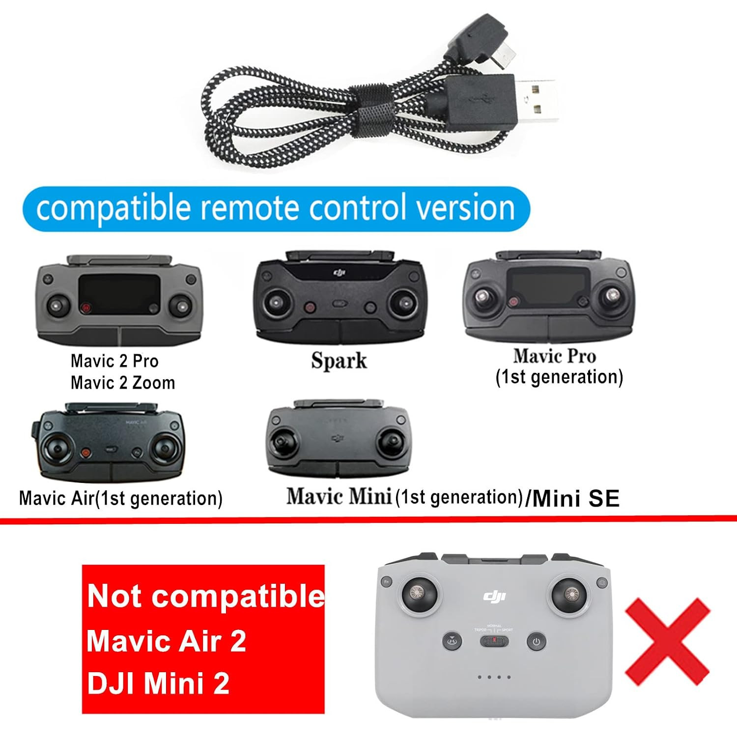 Hanatora USB Charging Cable for DJI Mavic Mini Pro Air Spark Remote Controller