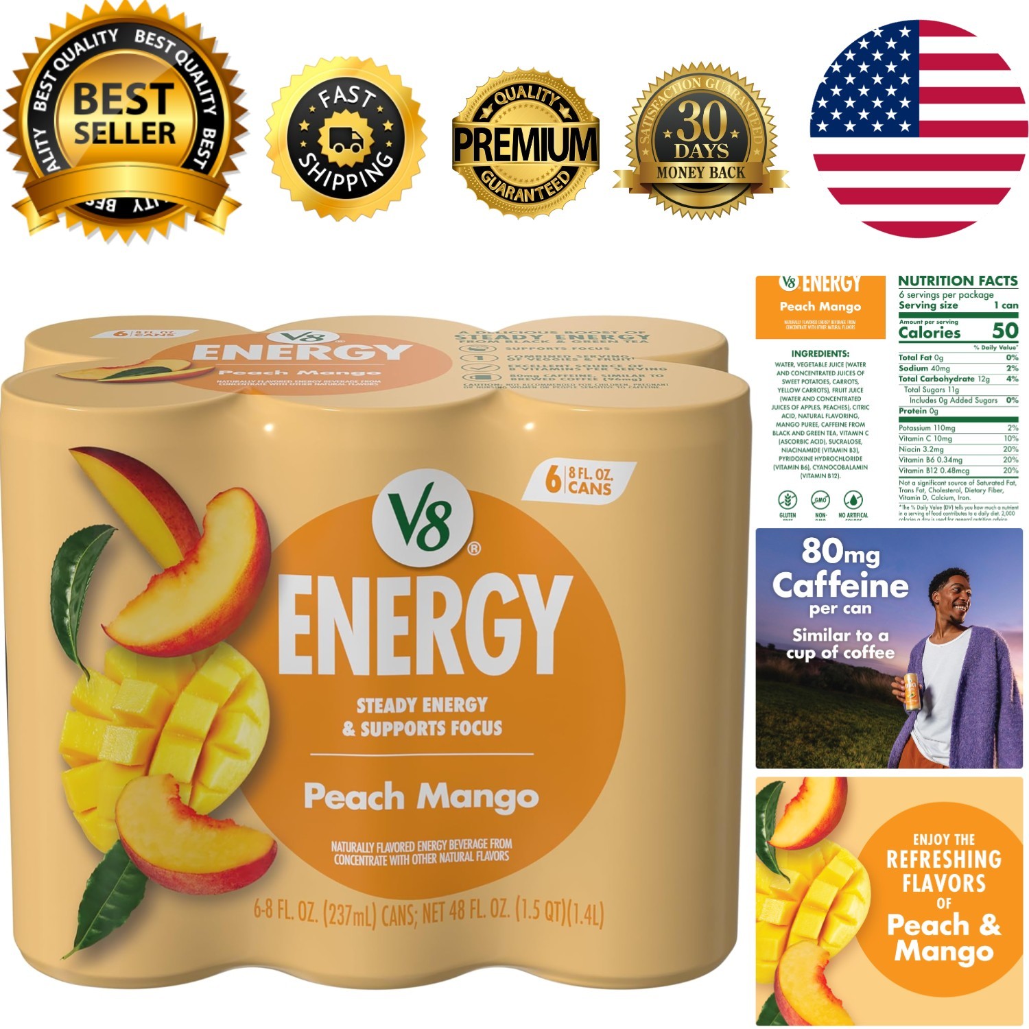 Energy Peach Mango Energy Drink, 8 fl oz Can 6 Pack