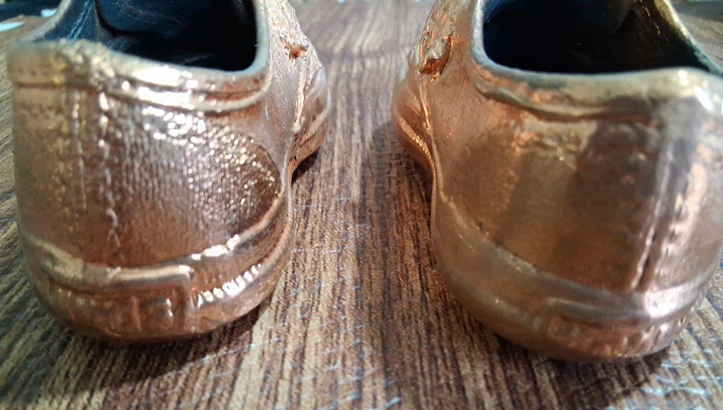 Pair Of Antique Bronzed Copper Dipped Lace Up Baby Shoes Primitive Decor