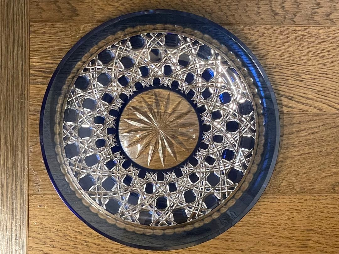 Kagami Crystal Edo Kiriko Flat Plate Blue w/Box 7.87in(20cm) Japan