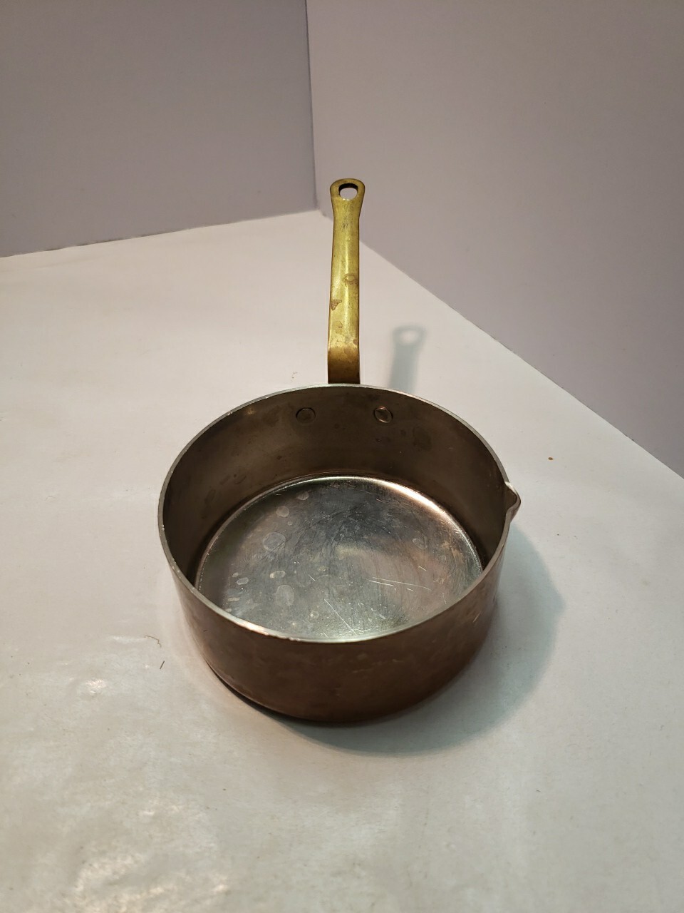 B&M Vintage Copper/Brass Mini Sauté Pot Sauce Pan Measuring 1 Cup Tin Lined 3.5″