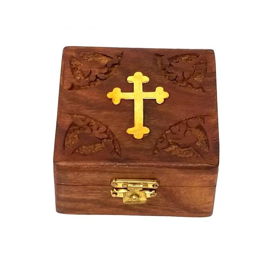 Wooden Box -3″ Decorative Square with Brass Orthodox Cross and Hinged Lid -NEW