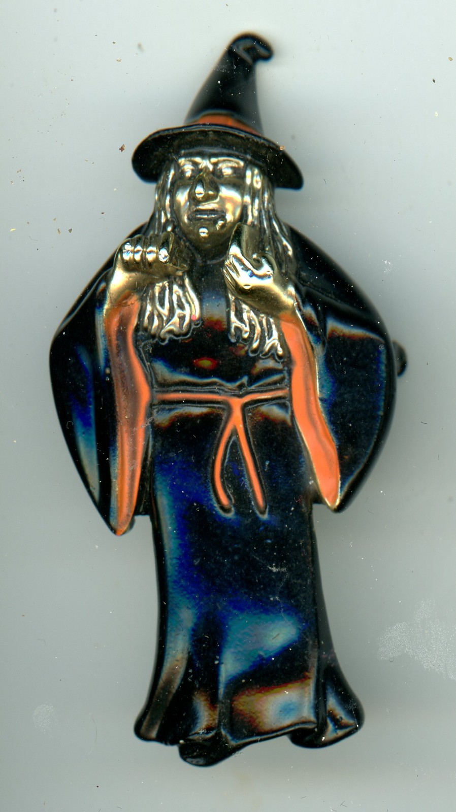 Vintage AJC Halloween Witch Brooch Pin Gold Tone Orange Black Enamel 3″ Signed