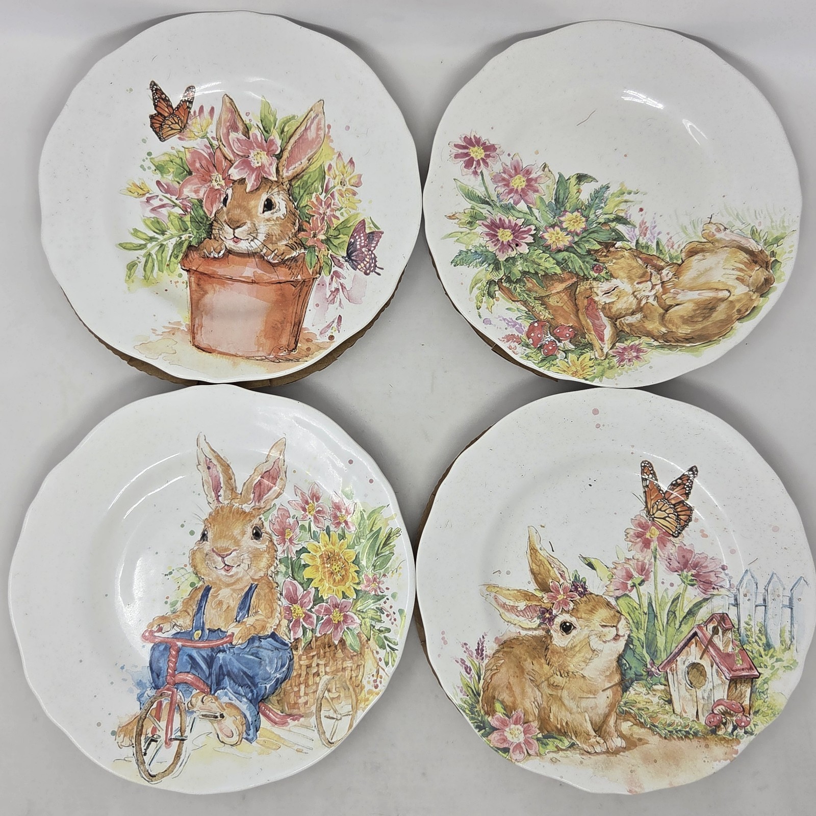 Pier 1 Easter 8.6″ Salad Plates Set of 4 Bunny Rabbit Flower Garden Boxed Set