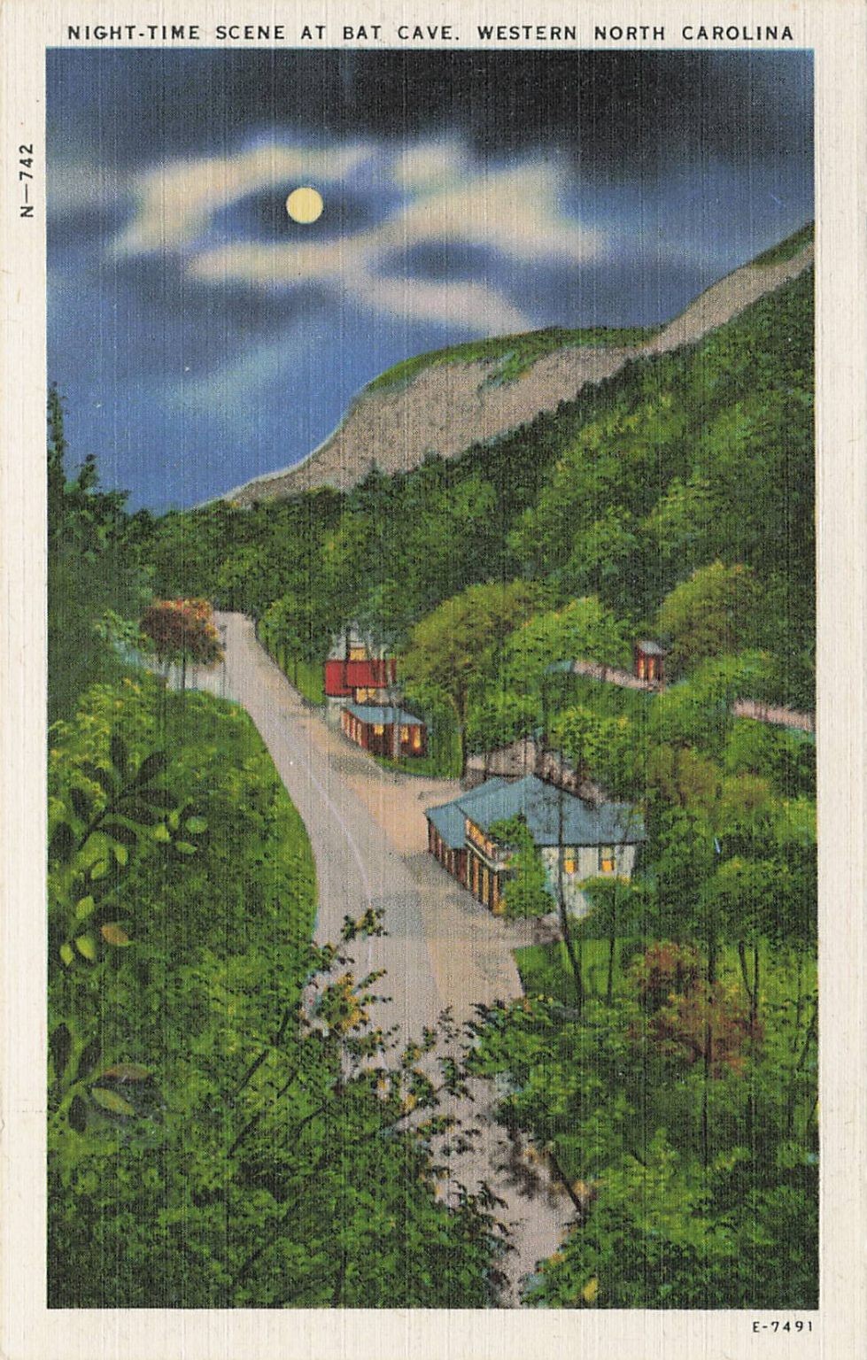 Bat Cave NC Night Scene Linen Postcard Western North Carolina Moon N-742