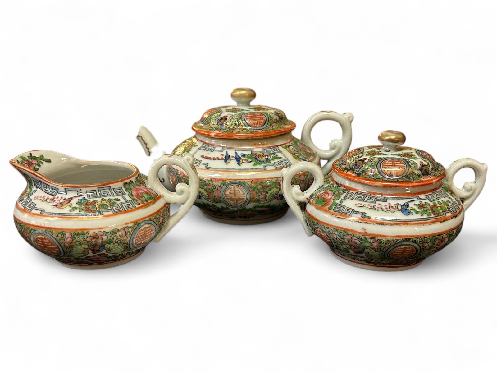Rose Canton Porcelain Tea Pot, Creamer and Sugar Set, Marked “China”, 1890-1919