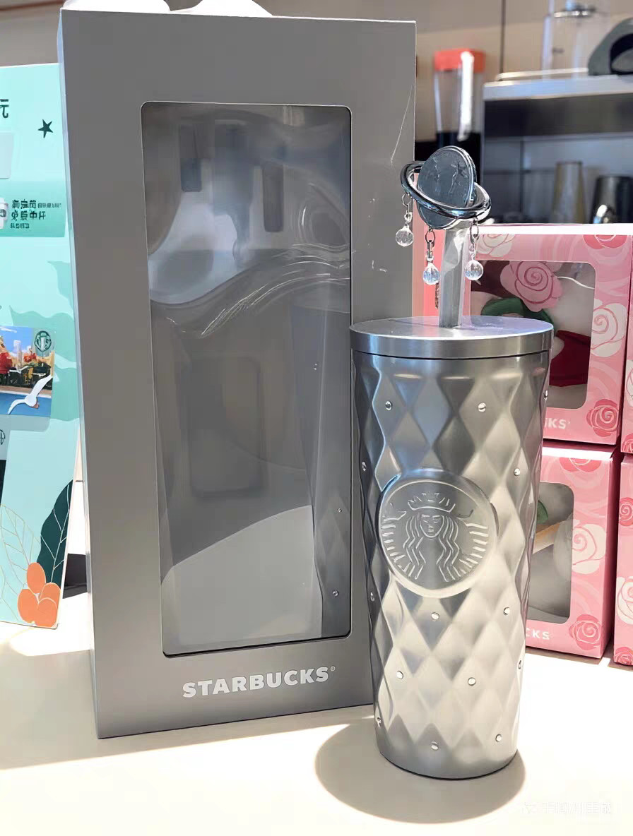 NEW Starbucks Purple Night Star Series Silver Diamond Tumbler with Crystal Charm