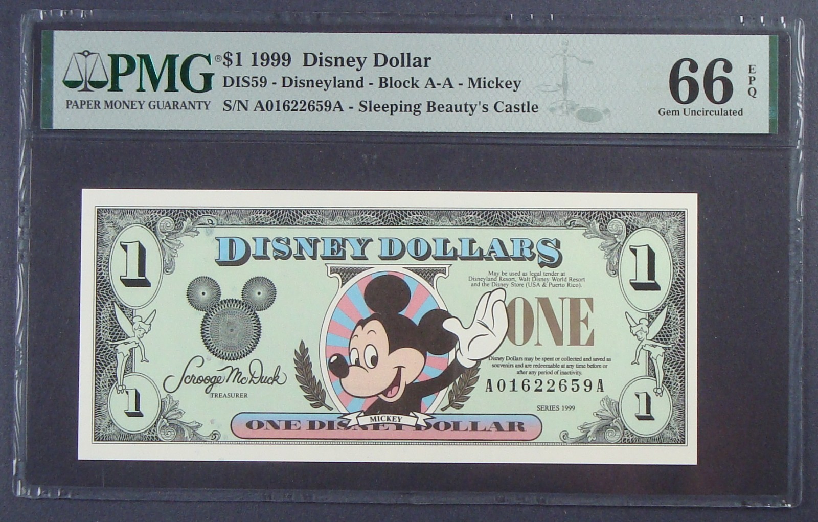1999 $1 Disney Dollar, Mickey Mouse / Disneyland Park Back PMG 66 EPQ