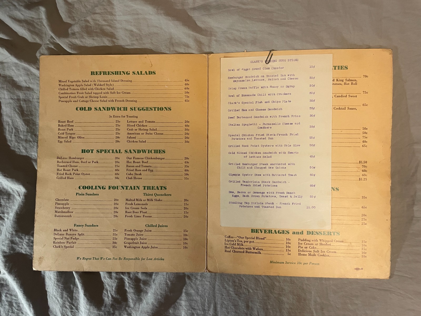 Clark’s Twin T-P’s Restaurant Menu Seattle Washington WA 1930’s 1940’s
