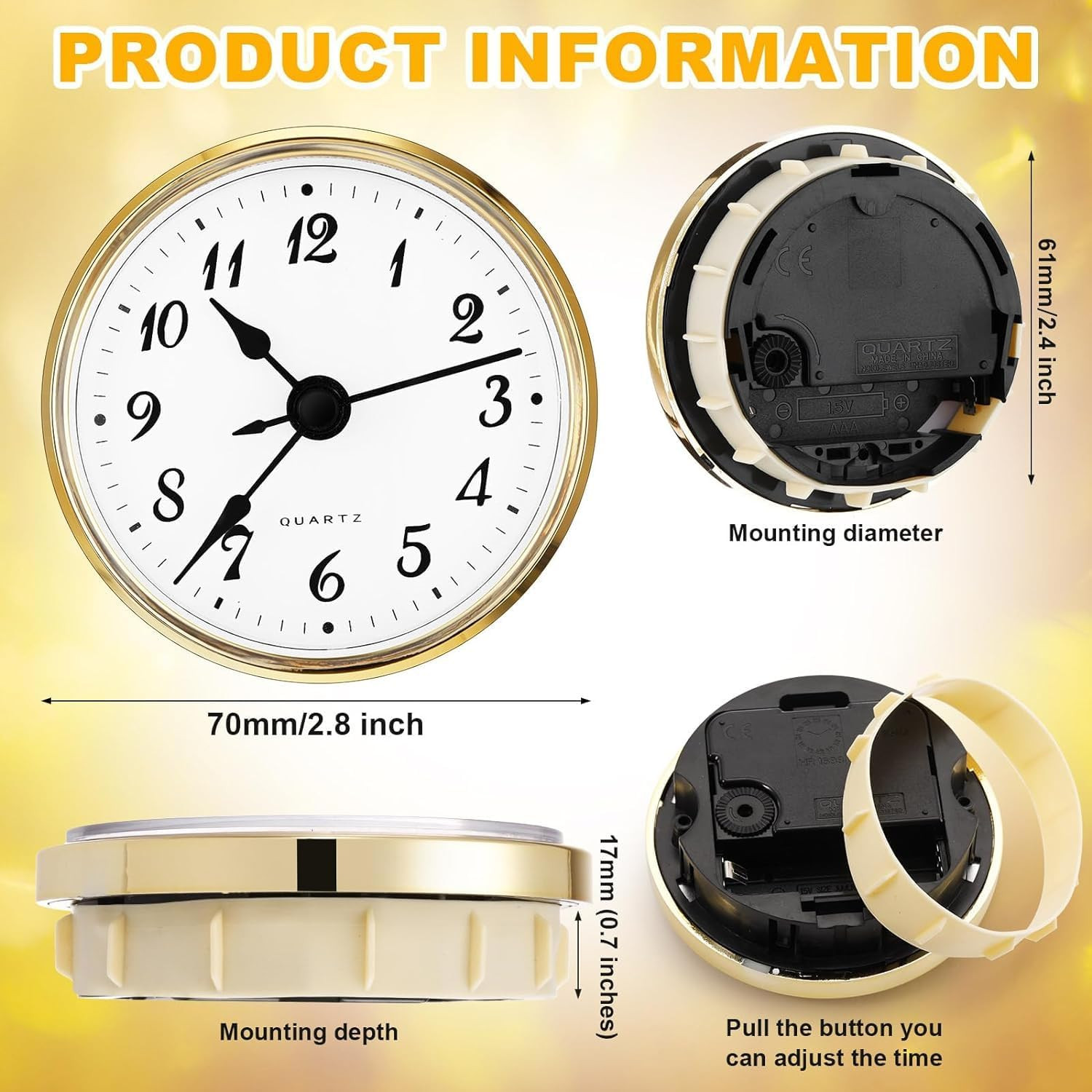 Hicarer 2.8 Inch/ 70 Mm Quartz Clock Insert, Gold Trim, Arabic Numeral, Quartz M