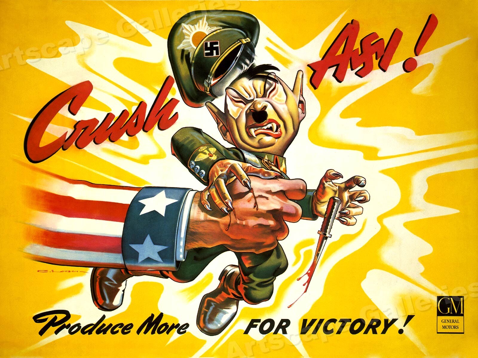 Crush Axi! Monster Hitler Historic WW2 Propaganda Poster – 18×24