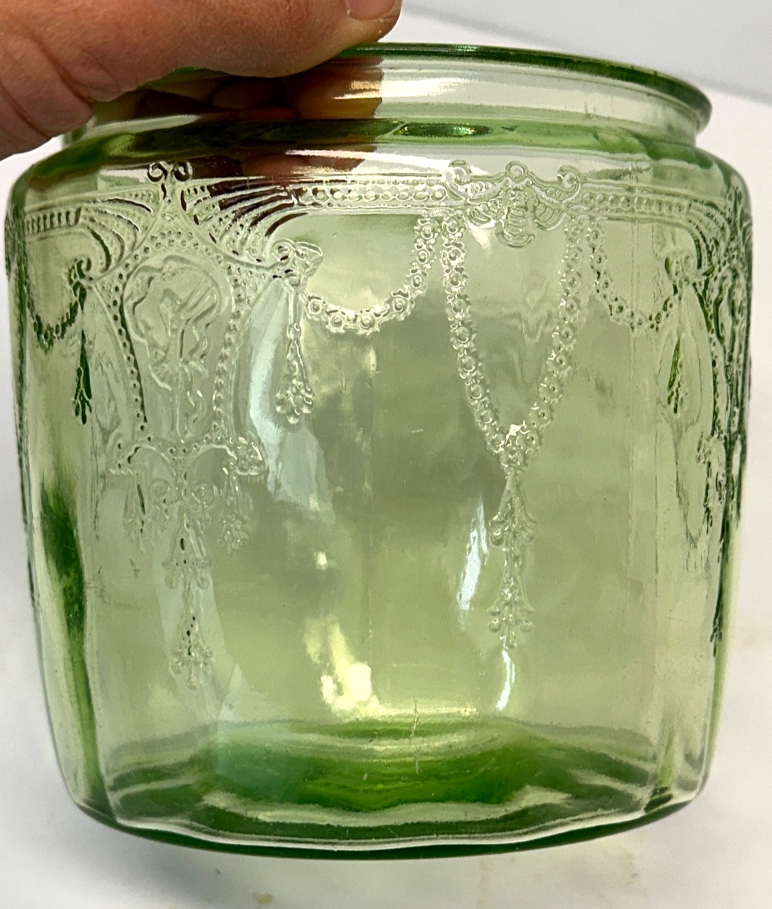 1930’s VTG Cameo Ballerina Green Cookie Jar NO Lid Depression Glass Hocking EUC