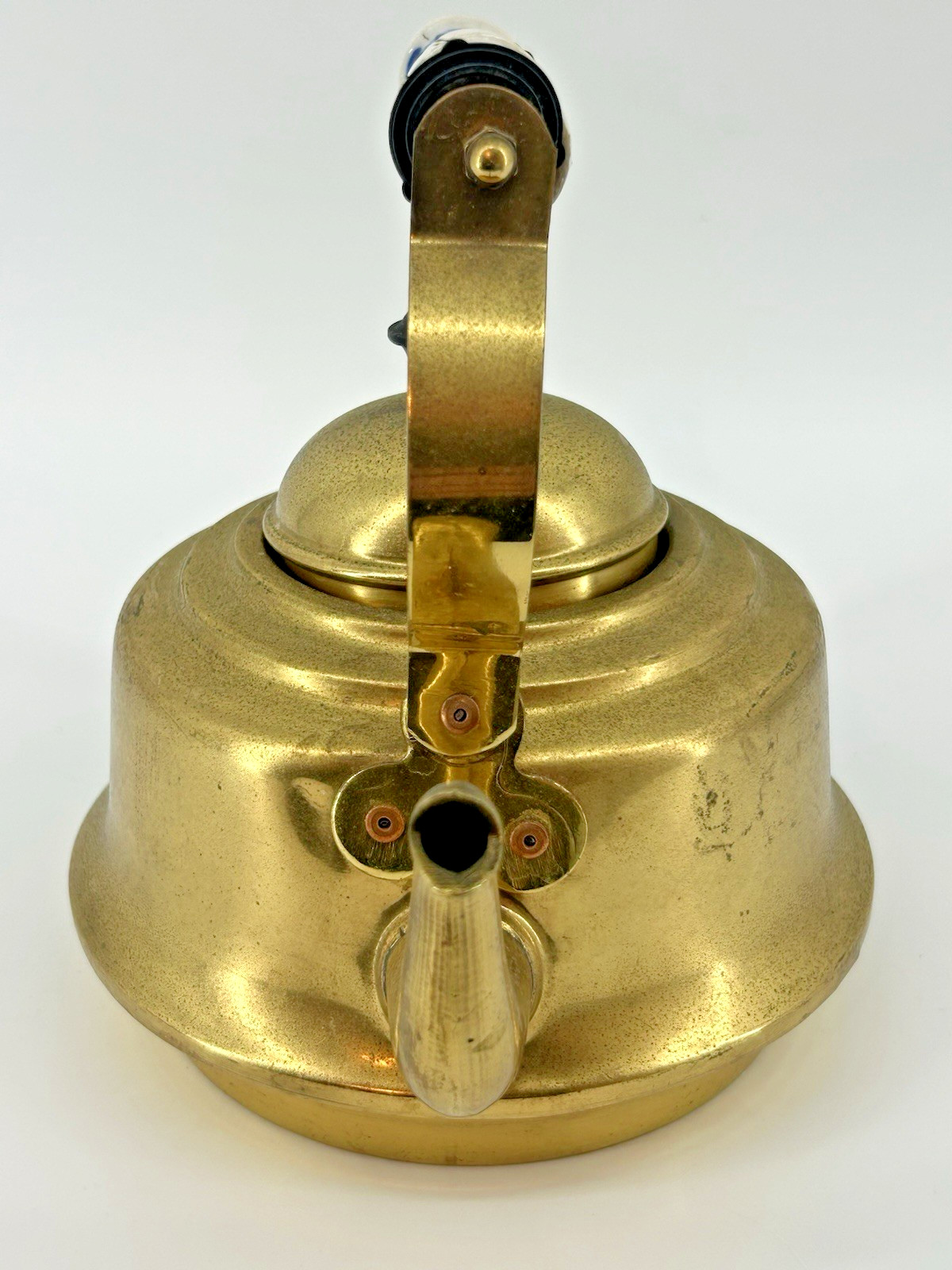Vintage Brass Kettle with ceramic Floral decorated handle Lined Victorian Unique