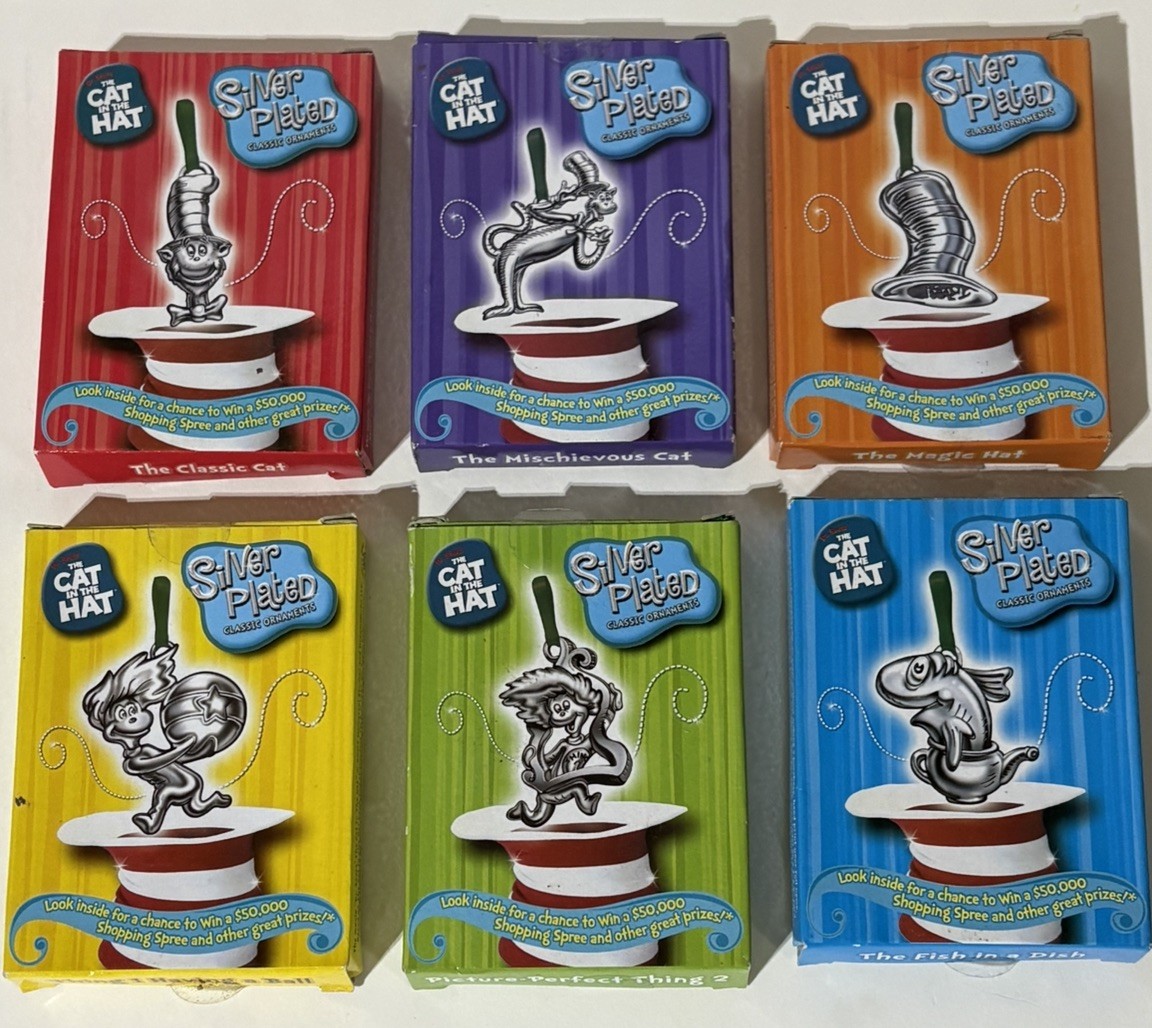 Dr Seuss CAT IN THE HAT Silver Plated Ornament Set of 6 Burger King 2003