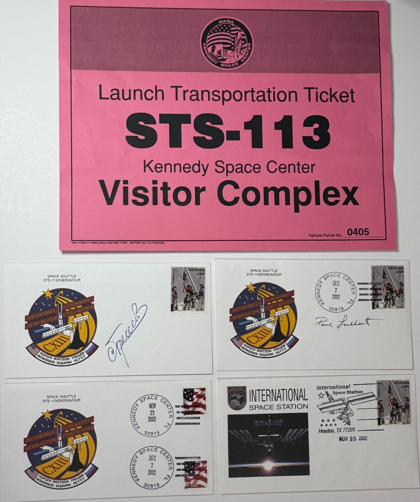 STS-113 – 3 Crew patch covers w/2 autographs & Launch View Pass
