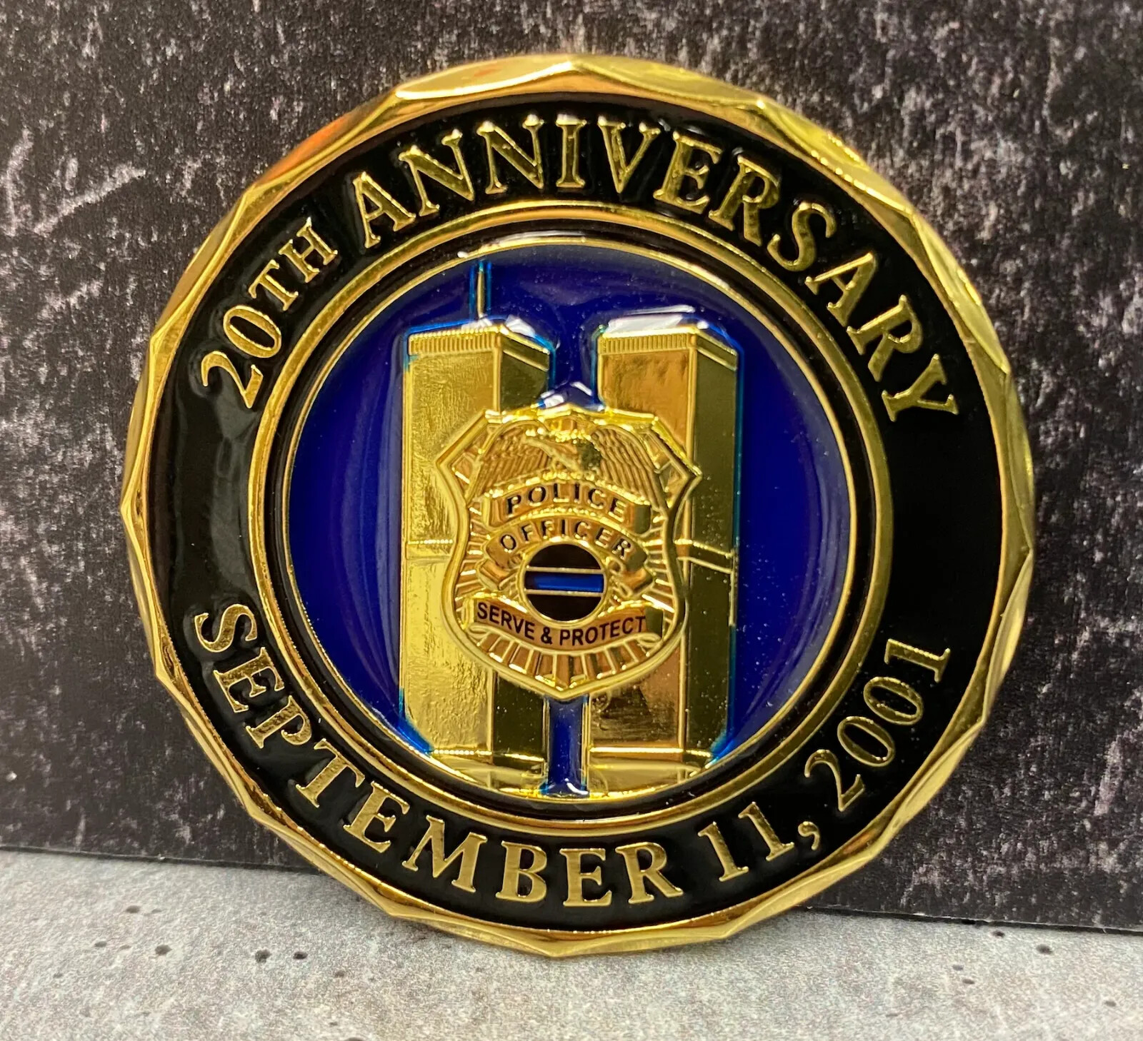 9-11 20th Anniversary NEVER FORGET WTC Thin Blue Line Shield CHALLENGE COIN