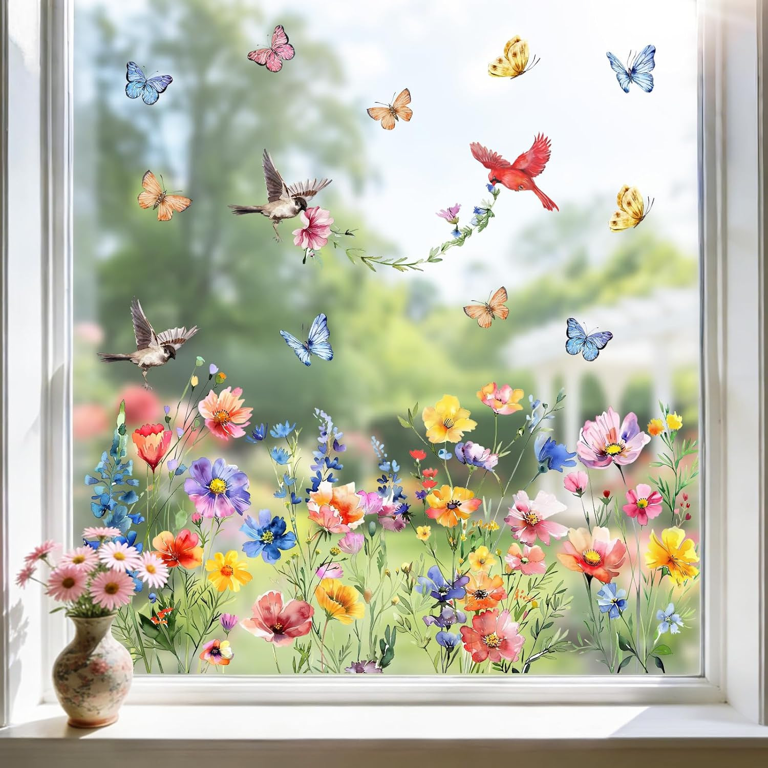 Spring Summer Floral Birds Window Clings, Watercolor Flower Butterfly Cardina…
