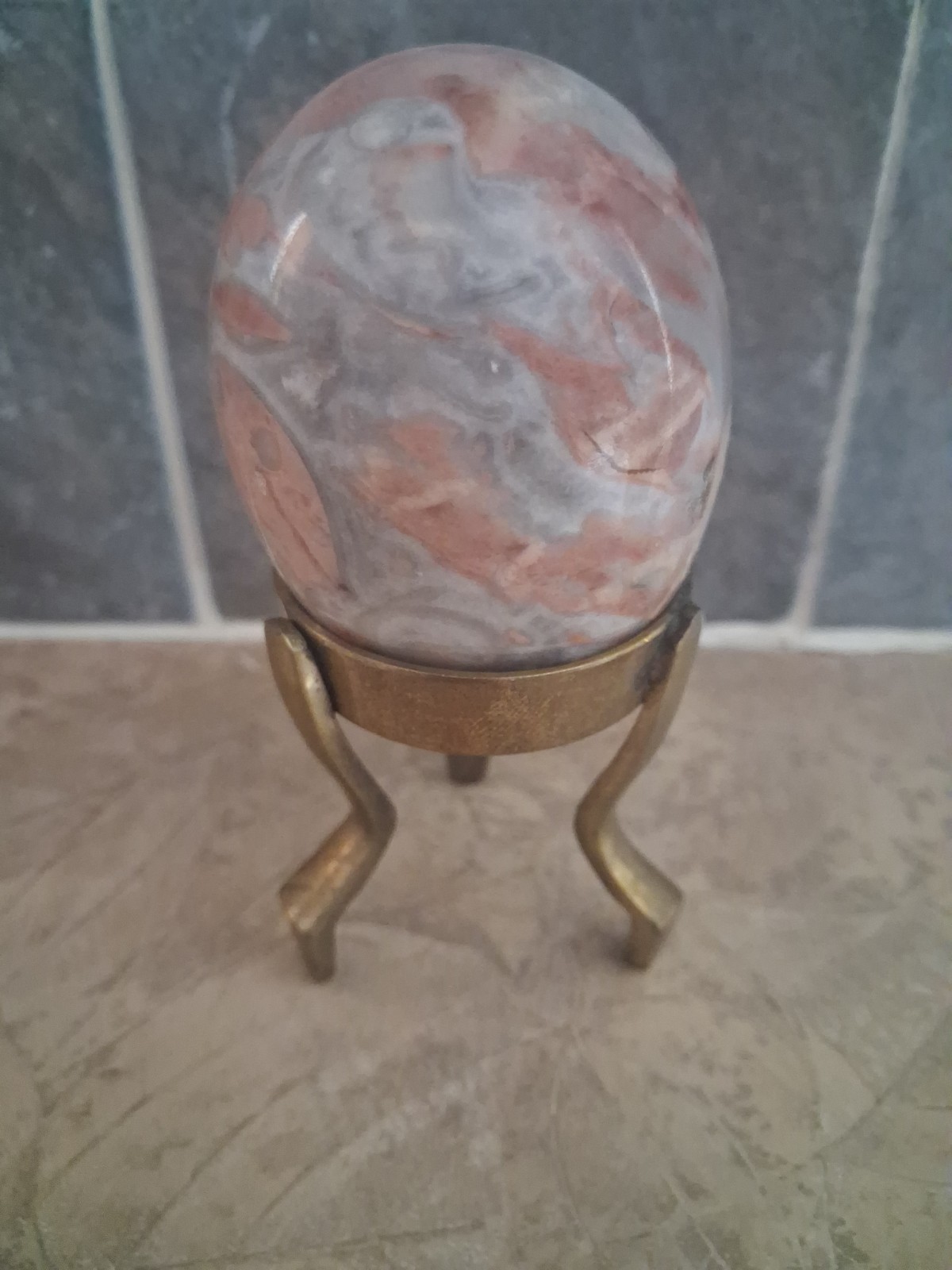 Vintage Brown, Gray, & White Marbled Egg With Brass Stand Stunning