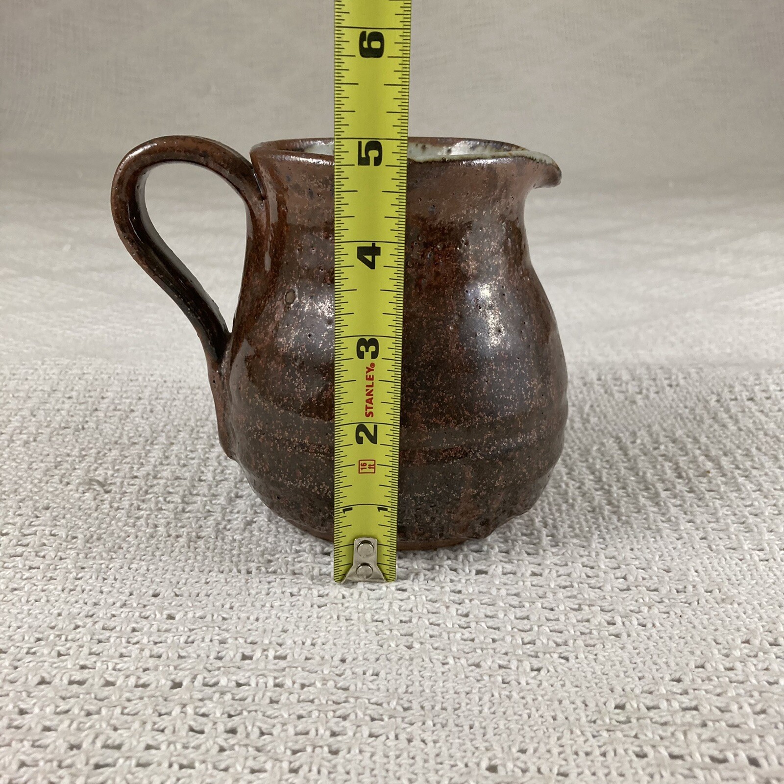 Stoneware Pottery Pitcher Small Hand Thrown Brown Gray Speckled Glaze Signed SB