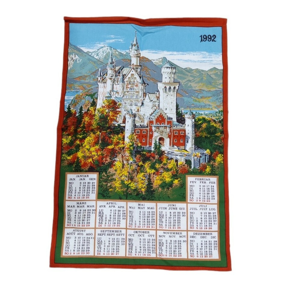 Vintage 1992 Castle Landscape Linen Wall Calendar Cloth Tea Towel