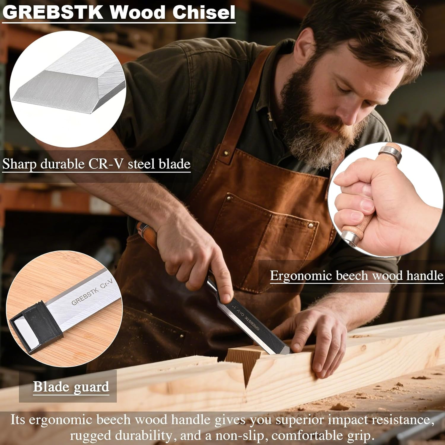 4 Pcs Wood Chisel Set CRV Steel Bevel Sharp Edge Bench Chisels with Safety Caps
