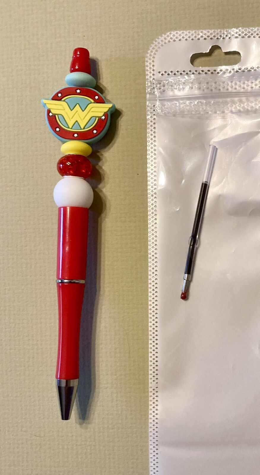Wonder Woman hand made pen crafted with silicone and acrylic beads