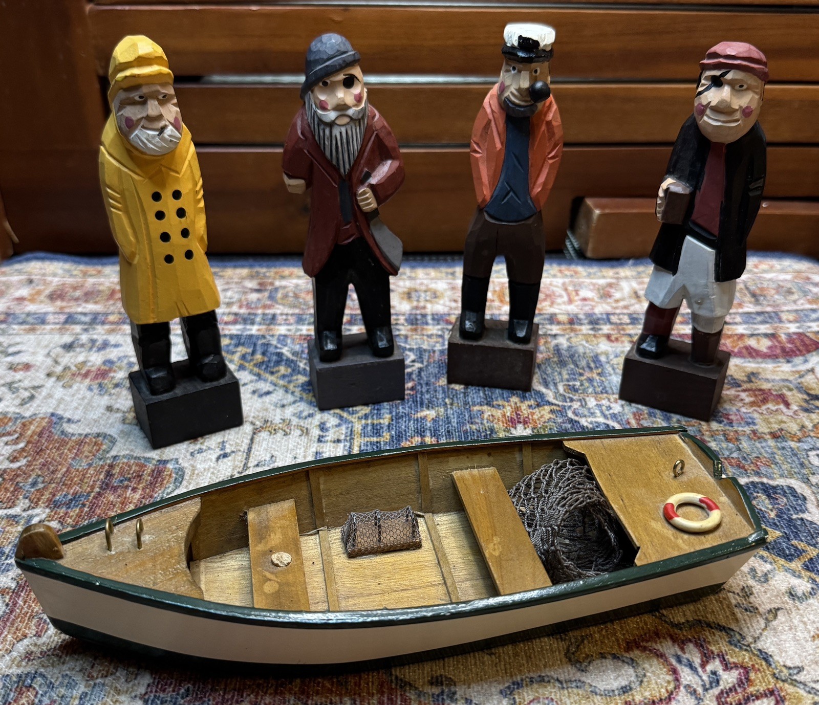Vintage Lot of 4 Hand Carved Wooden Sea Captain Fishermen Sailors Folk Art