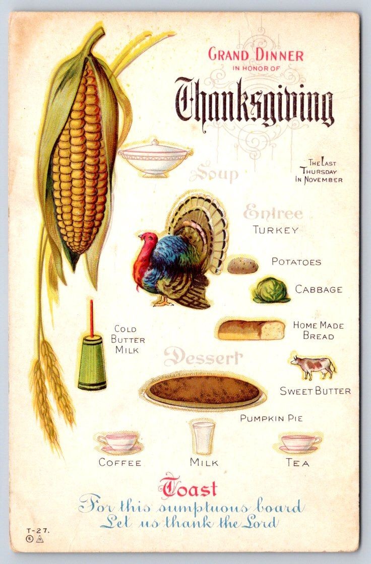 Antique Thanksgiving menu corn turkey pumpkin pie 1913