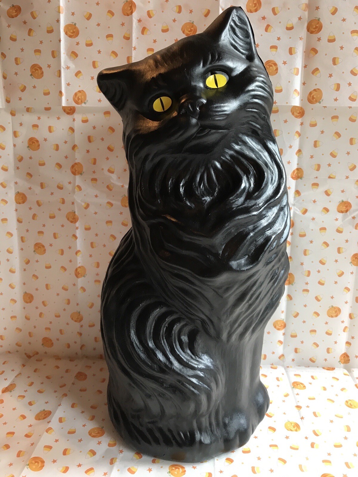 Blow Mold Plastic Halloween Black Cat Decoration Bank Scary Yellow Eyes 17”
