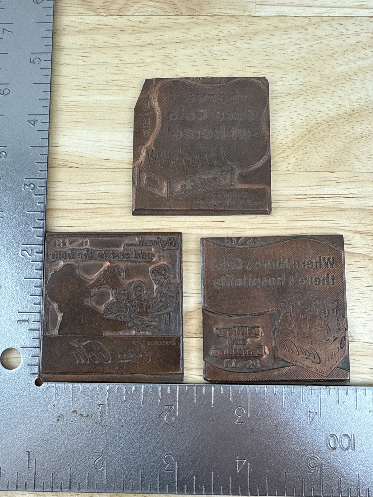 Vintage Coca-Cola Coke Copper Printing Plate Stamp 3 Advertising Slogans 50s 60s