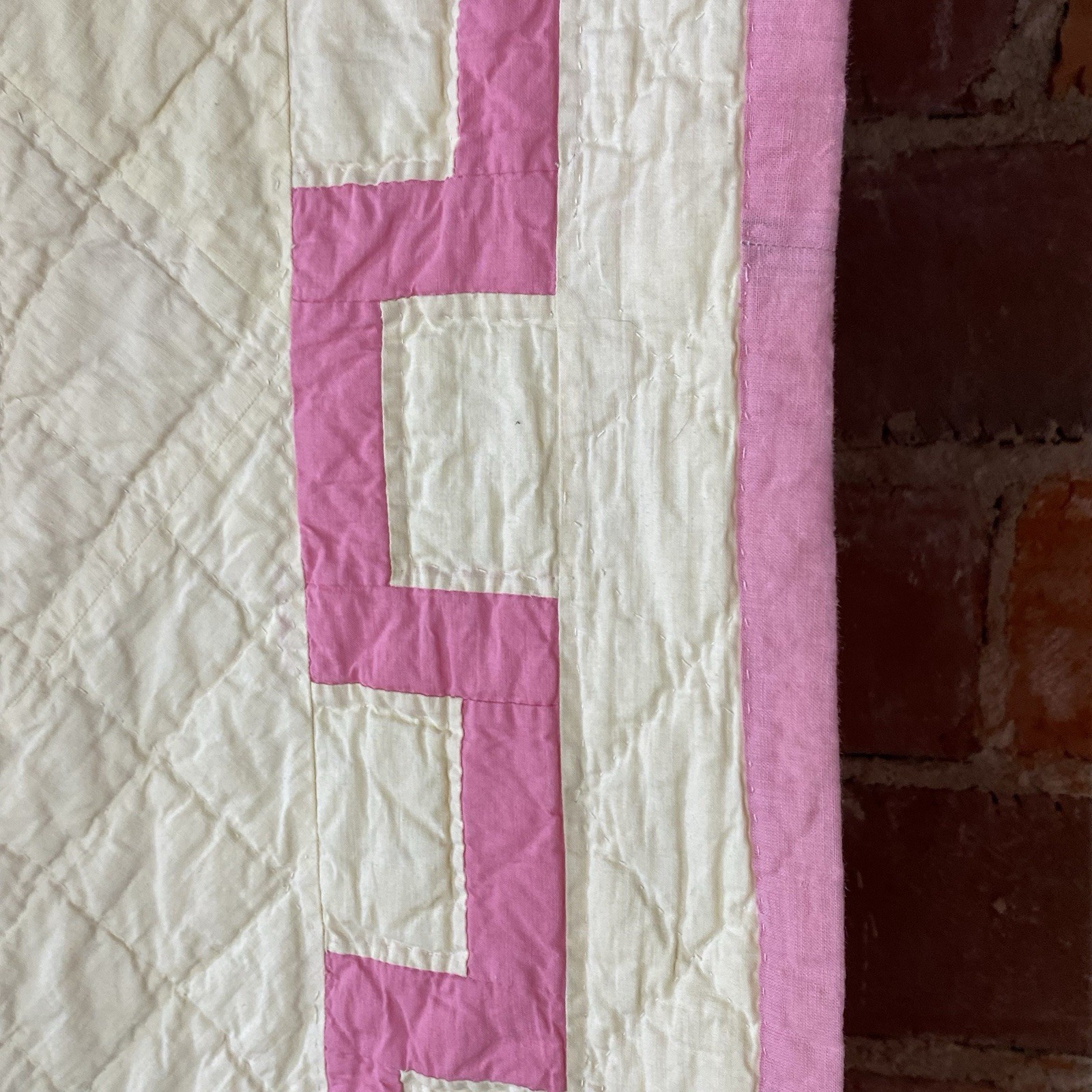 Vintage Basket Quilt 80 x 89 Hand Stitched Feedsack Pink Off White