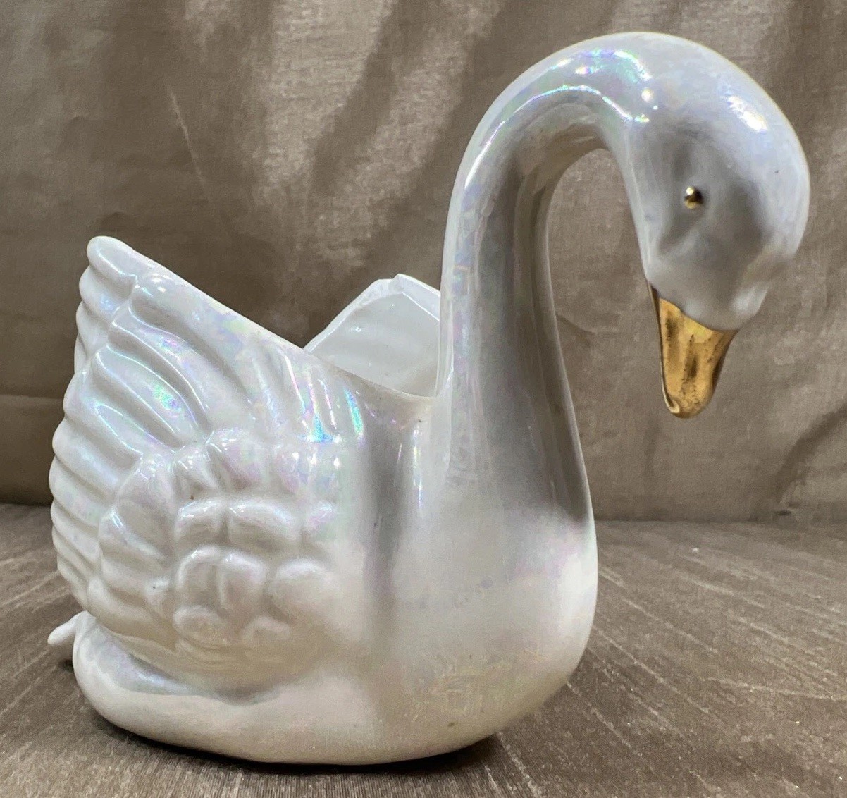 Vintage Iridescent MCM Swan Planter with Gold Beak & Feet Bottom Stamped “435”