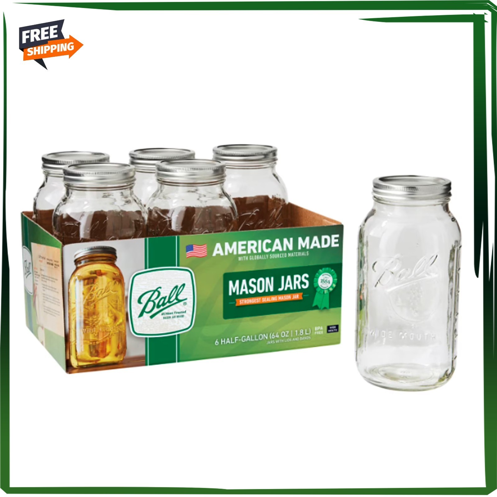 Ball Glass Mason Jar W/Lid & Band, Wide Mouth, 64 Ounces, 6 Count – Free Ship