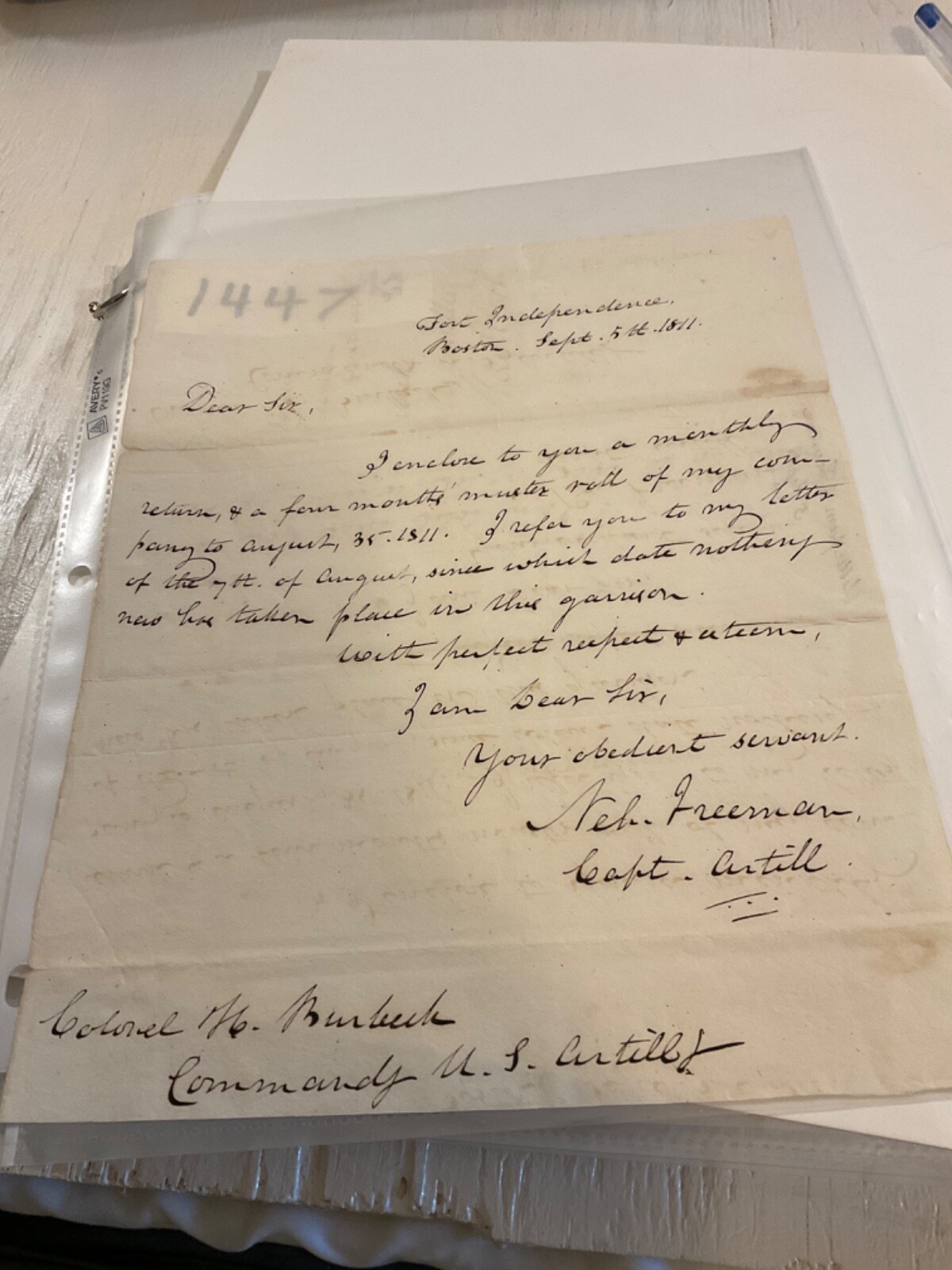 1447 FORT INDEPENDENCE US ARMY TO COL BURBECK REF ARTILLERY FROM CAPTAIN FREEMAN