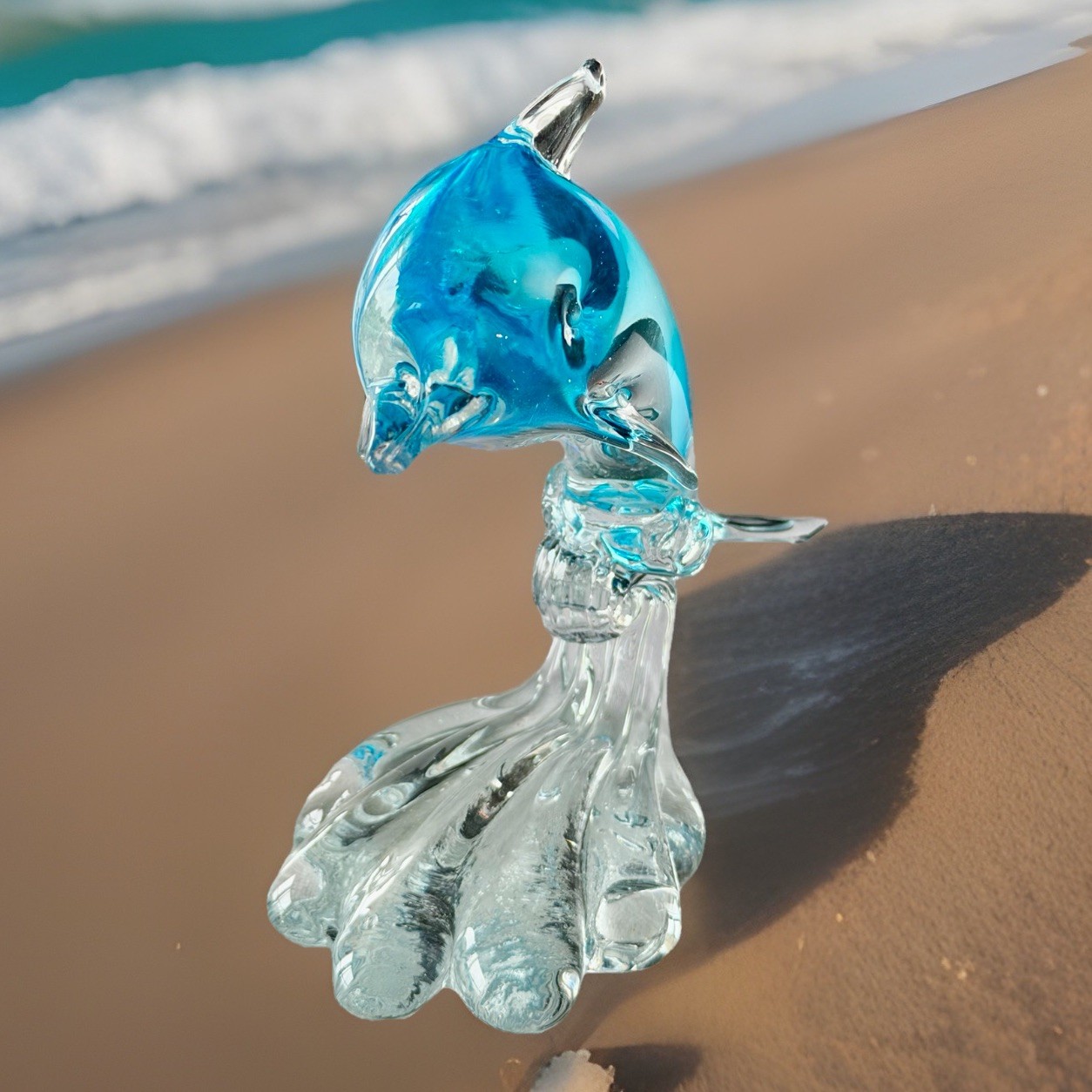 Light Blue And Clear Solid Art Glass 7” Dolphin Riding The Wave