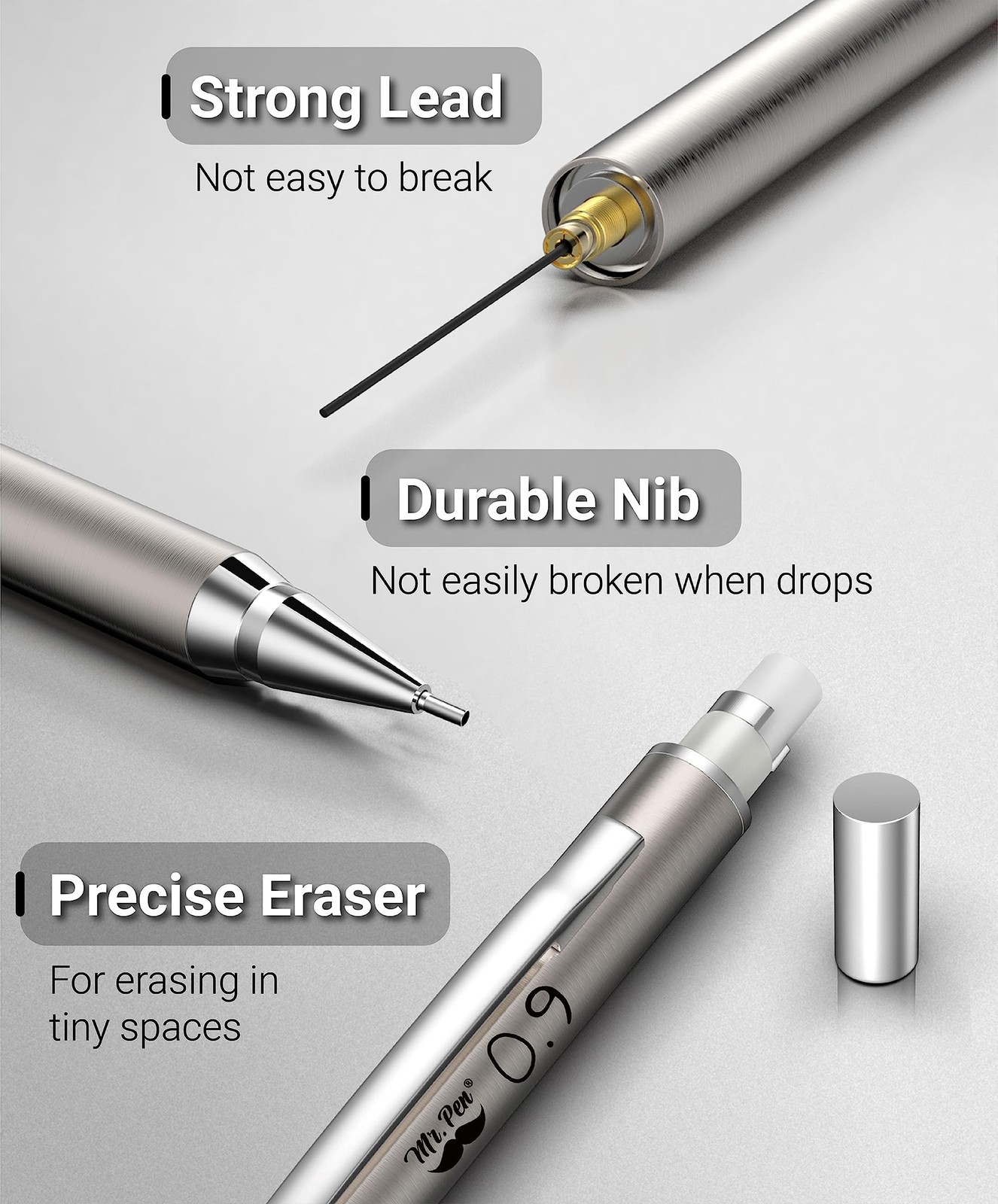 Mr. Pen- Metal Mechanical Pencils, 0.9mm, 2 Pack, 2 Count (Pack of 1), Silver