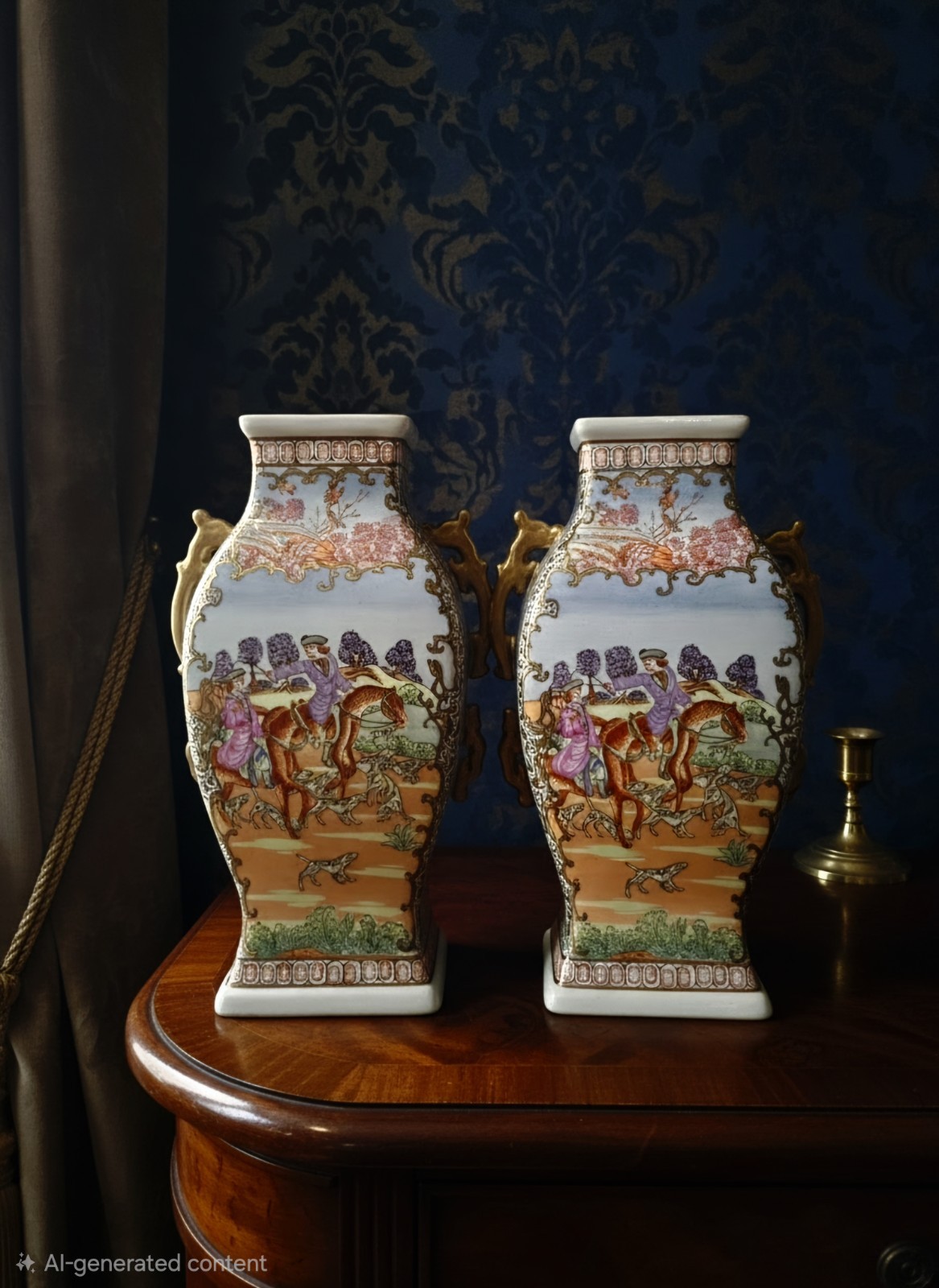 20th Century Porcelain Double Dragon Handless Flat Sided Vases Handpainted 11.75