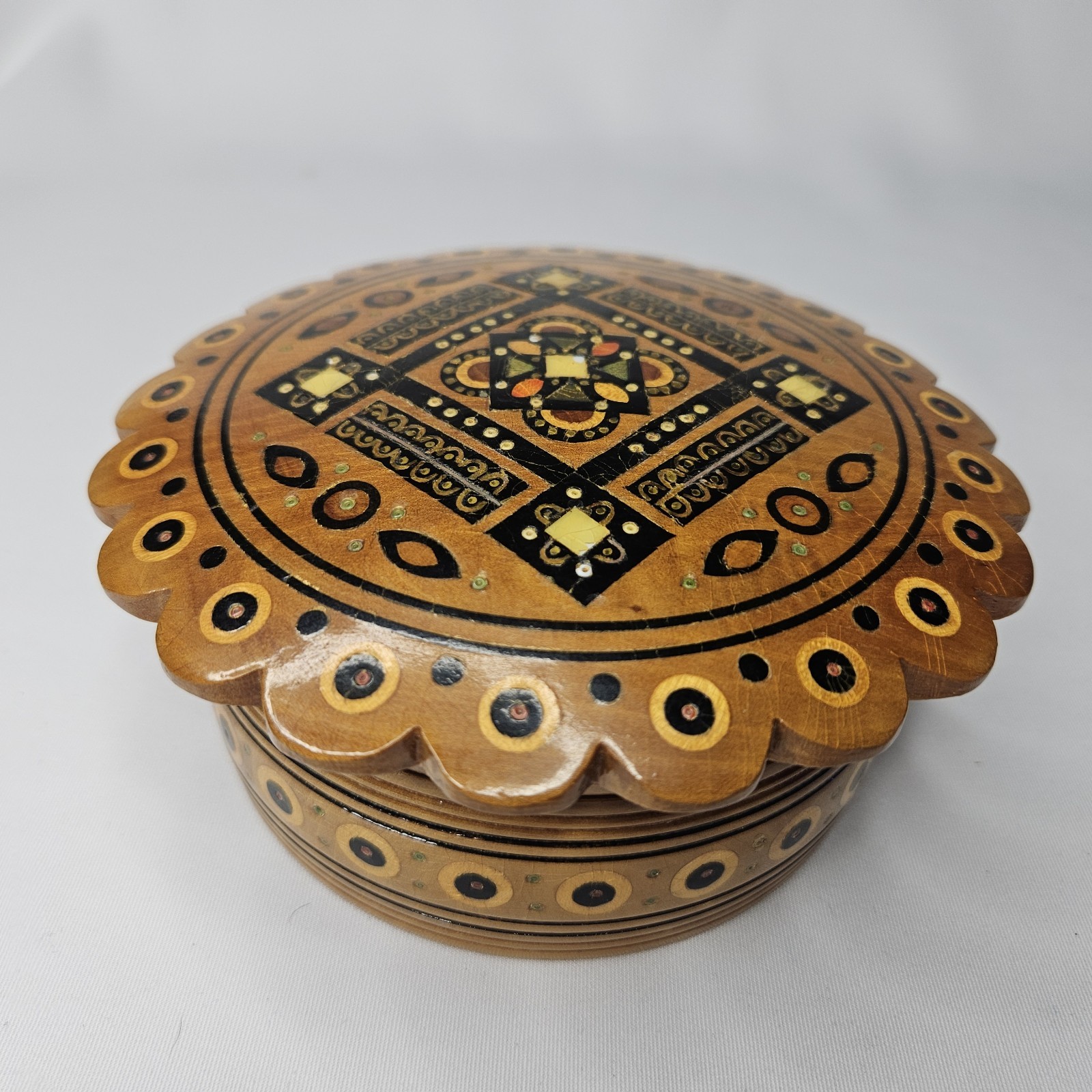 Vintage Hand Crafted Wood Coffer Box MOP Inlay Glass Beads Hutsul Ukrainian 5.5″