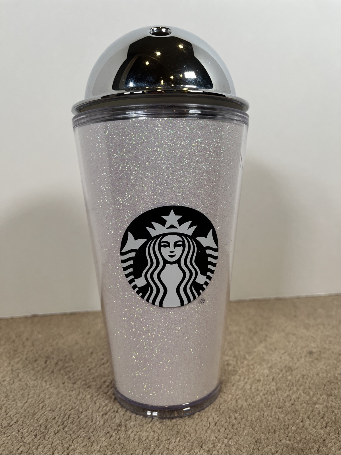 Starbucks White Glitter Tumbler Travel Mug 16 Ounces Dome Lid Bling No Straw