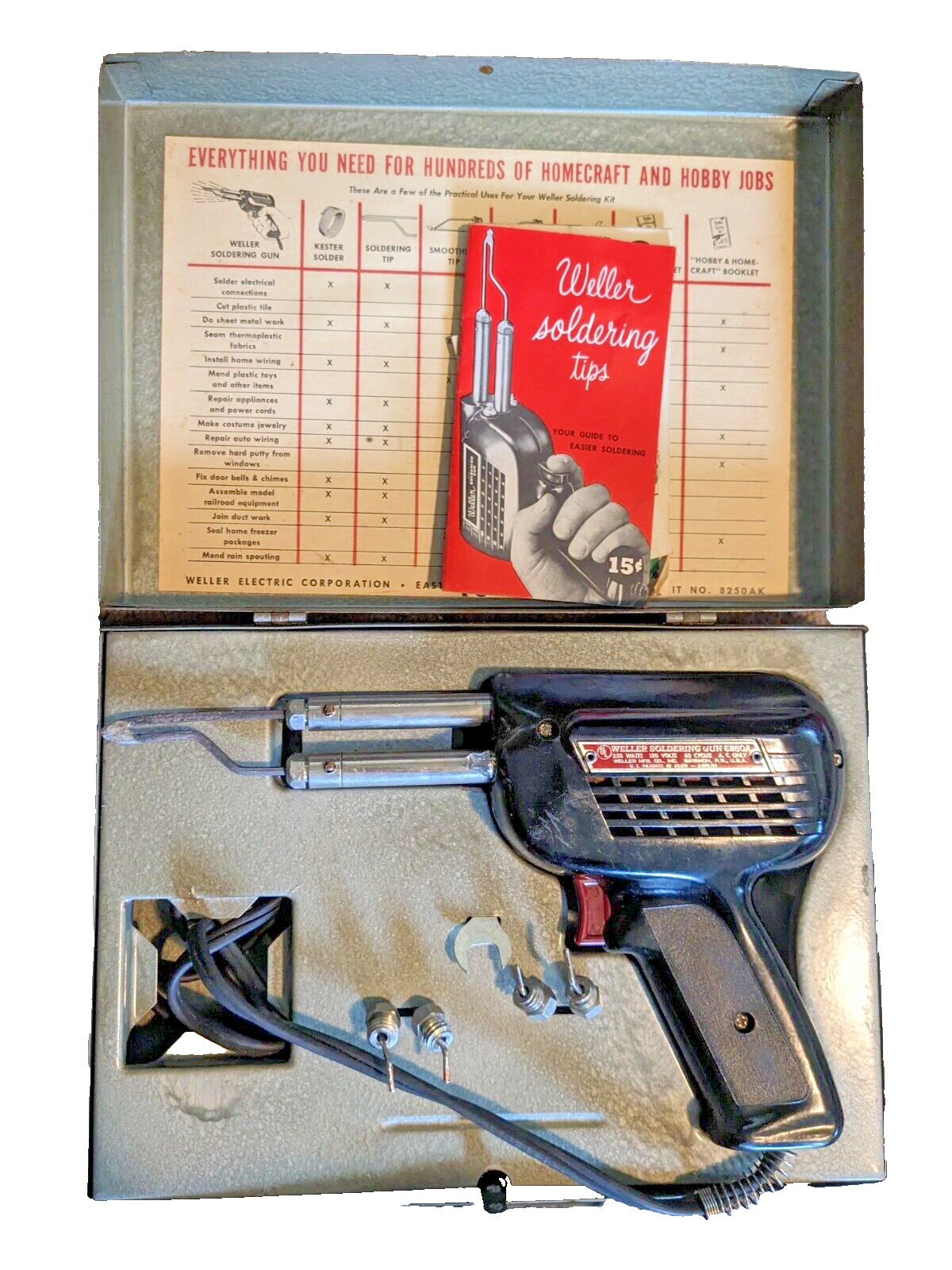 Vtg WELLER Soldering Gun 8250A 250 Watts 120 Volts Tin box & Access Works