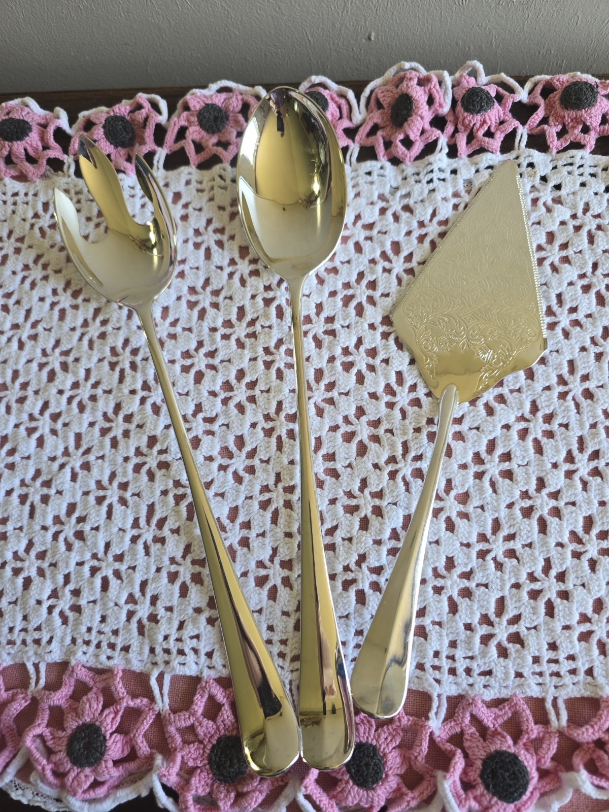 VTG 3pc Set International Silver Co. Serving Utensils Spork,Spoon & Cake Knife