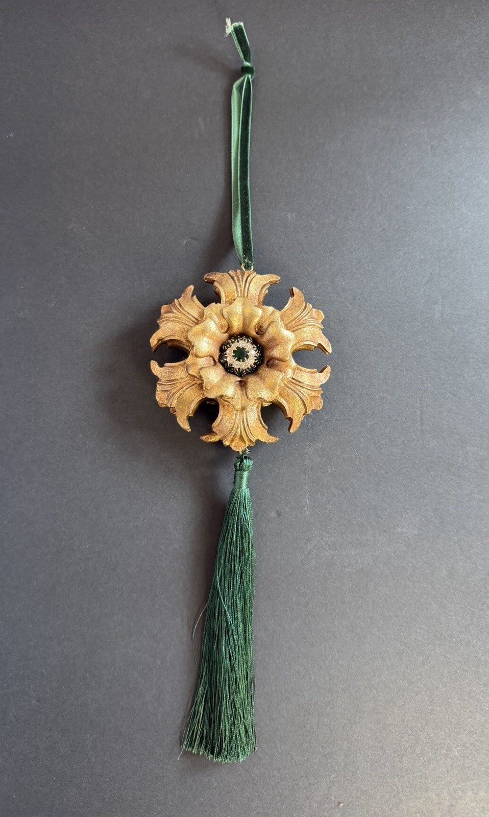 Gold Baroque Flower Ornament Green Tassel Rhinestone Center Velvet Ribbon 15”