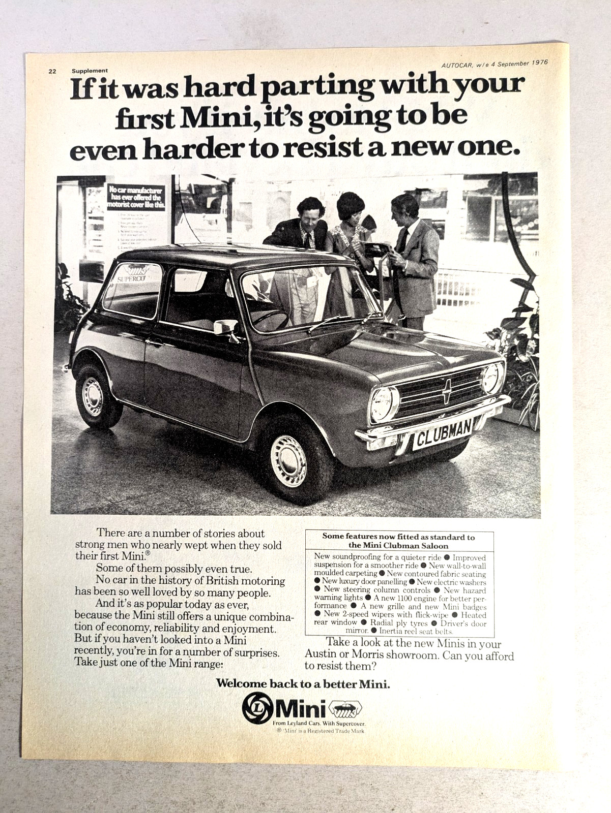 Mini Clubman Saloon 1976 Original Paper Magazine Advert