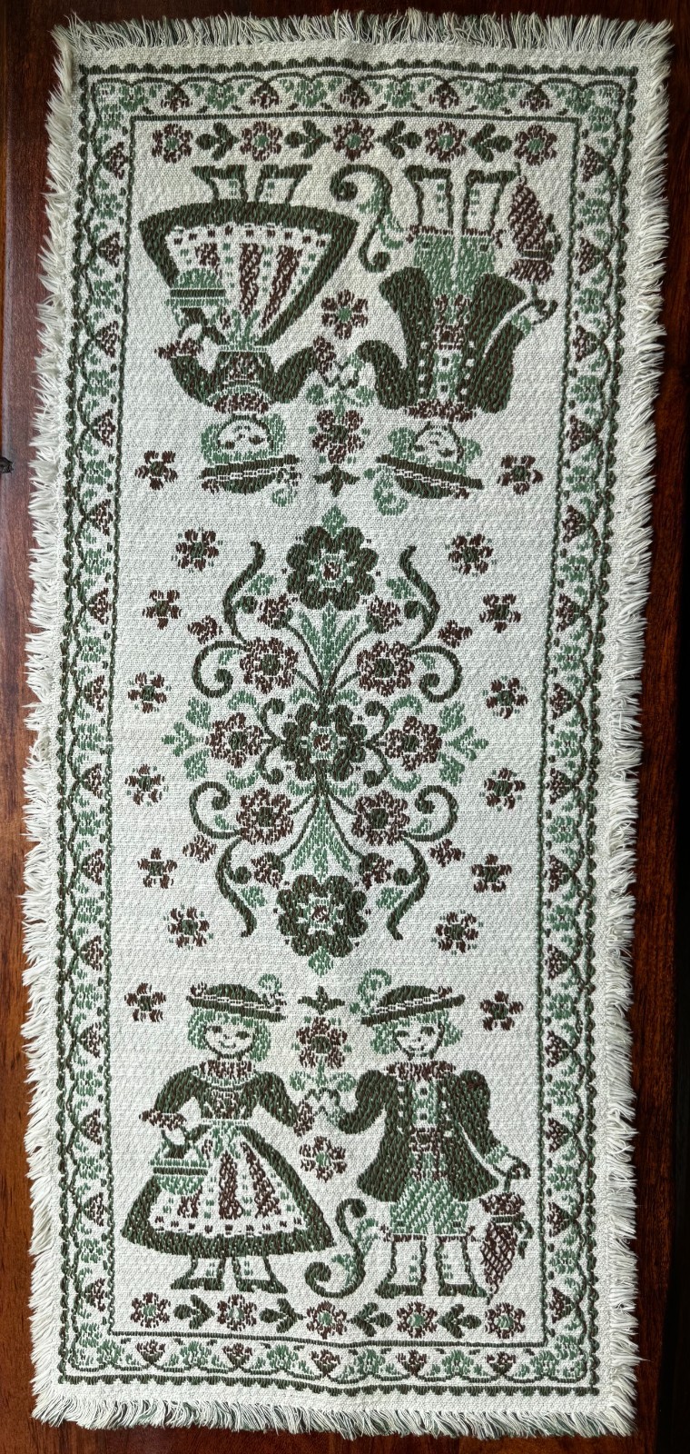 Vintage Austrian Alpine Folk Art Table Runner Cotton Linen 12×29 Green Fringe